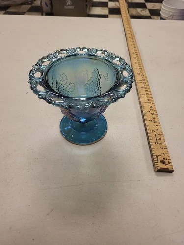 Carnival Glass Compote Bowl Iridescent Grape Pattern Blue Vintage Decor
