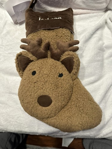 NWT POTTERY BARN Brown Reindeer Cozy Critter Christmas Stocking Faux Fur Jackson - Picture 1 of 3
