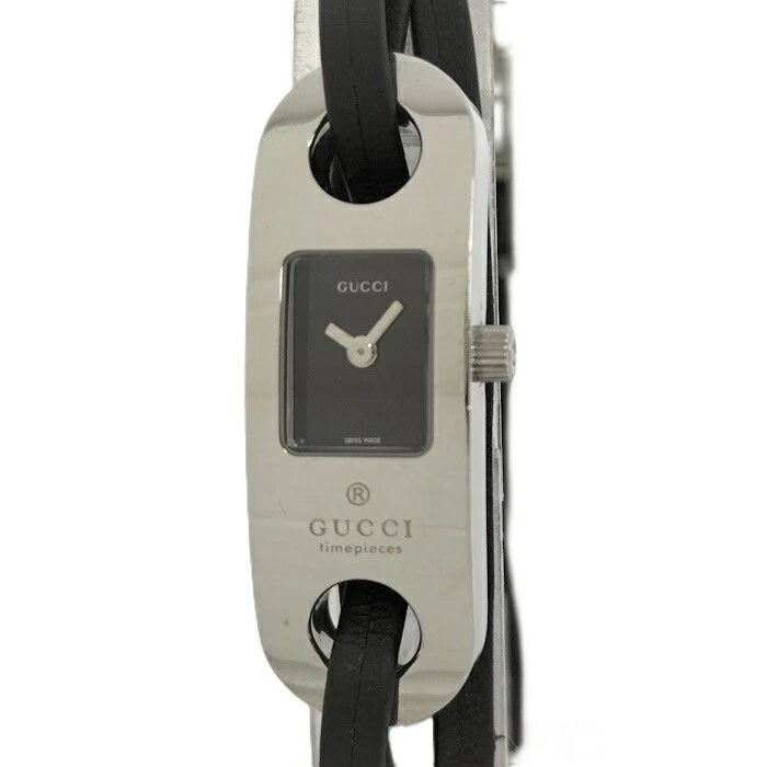 Bracelet cuir Gucci cadran noir Ss Qz 6100L d'occasion