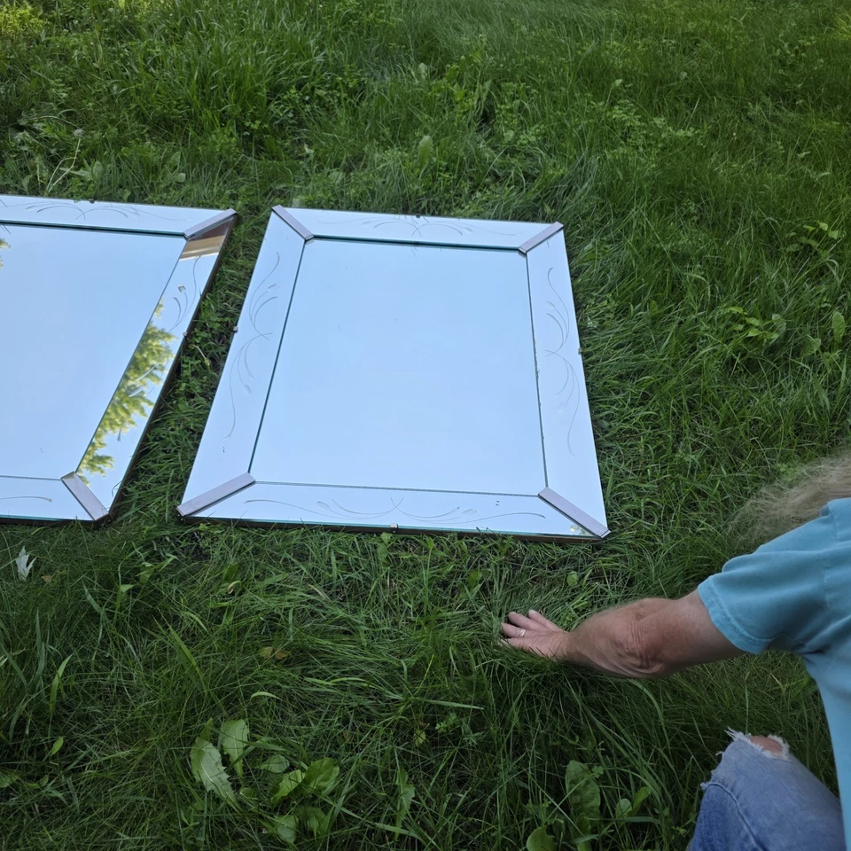 "Par grande de espejos retrovisores venecianos vintage emparejados 31" X 41"" cola de gato" Foto 2 de 4