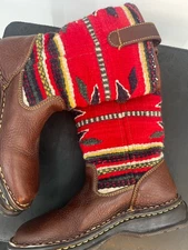 Born Brown Leather Kilim Woven Blanket Shaft Boho Western Mid-Calf Boots 6 36.5