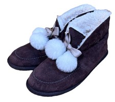 Ugg Slip On Brown Unisex Adults Slippers - US Women Size 9 EUC Pompoms Ribbon