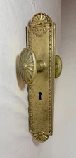 pair antique ornate 1800's brass escutcheon door knob hardware backplate set