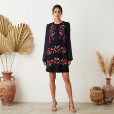 Evening Vintage Knee Length Dress Blue Red Floral Shift Boho Glam US 4