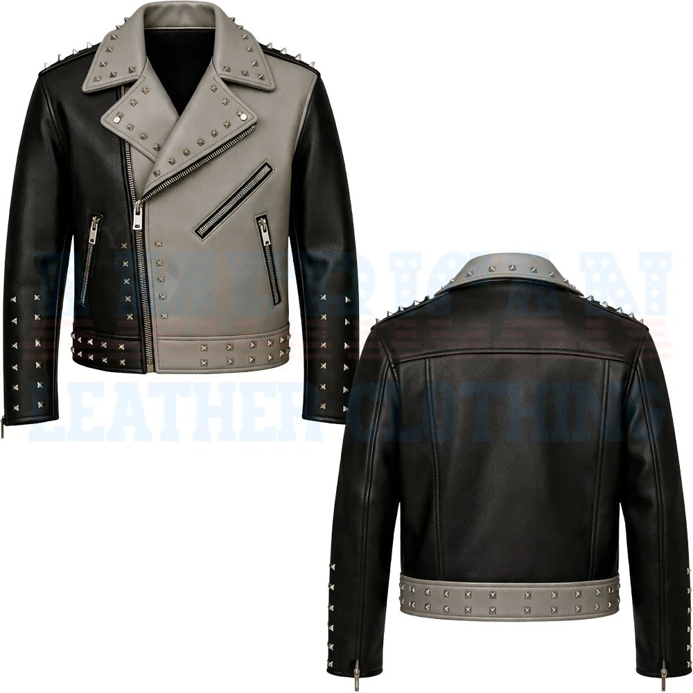 Studded Leather Biker Jacket for Men | Two-Tone Black Grey Handmade Moto