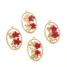 4PCS Gold Tone Dried Pressed Daffodil Flower Resin Oval Shape Pendant GXE1305