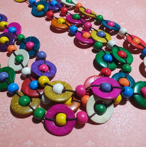 Collana Perline Legno Multicolore Fatta a Mano Boho Lunghezza 24 In Dichiarazione Gioielli - Foto 2 di 5