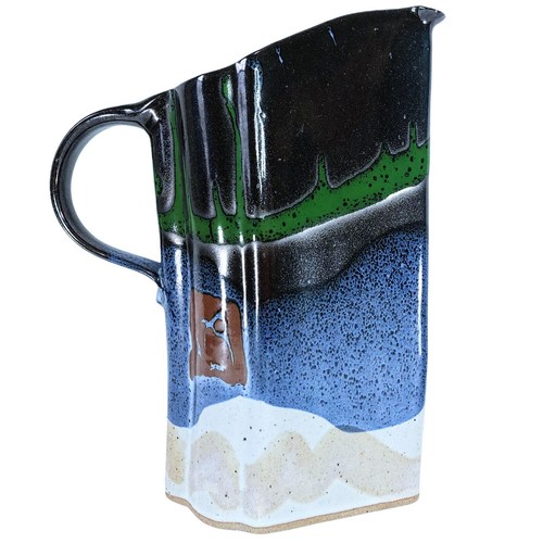 Studio Art Pottery Drip Glaze Pitcher 4 Cups No Handles Signed Jug Blue Green - Picture 5 of 12