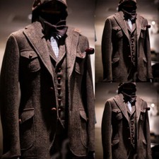 Vintage Brown Men's Safari Jackets Herringbone Casual Outdoor Hunting Warm 3pcs