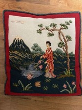Vintage Needlepoint Japanese Geisha Mt Fuji Beautiful 14 X 15