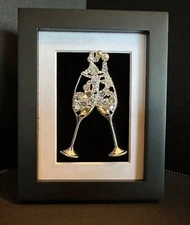 Framed Rhinestone Brooch Jewelry Art Miniature Toasting Champagne Flutes