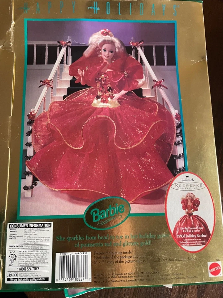 Винтажная 1993 Happy праздники специальный выпуск Барби совершенно новый, задняя часть коробки изогнутый - Изображение 4 из 4