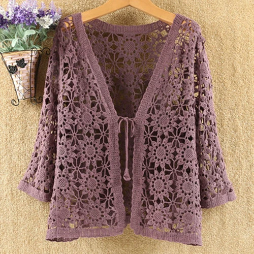 Women Crochet Lace Shrug Cardigan Top Hollow Out Knitted 3/4 Sleeve Shawl Coat - Bild 15 von 22