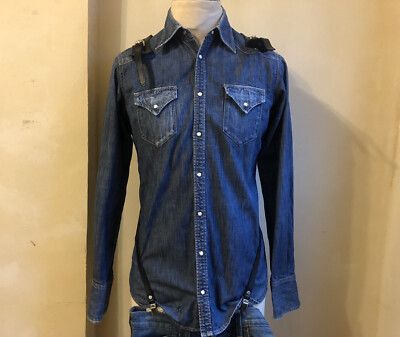 DSQUARED² RUNWAY WASHED BLUE DENIM & LEATHER HARNESS DETAILED  