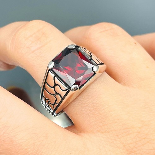Men's Simulated Ruby Red 925 Sterling Silver Ring Handmade Minimalist Gift Ring - Picture 2 of 9