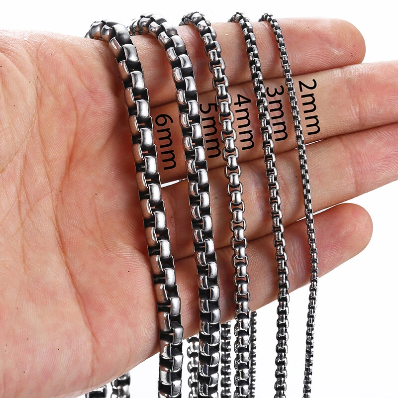 2-6mm Stainless Steel Black&Silver Round Box Chain Necklace Men Women 18-36