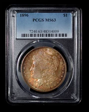 PCGS MS63 1896 Silver Morgan Dollar beautiful toning both side!!