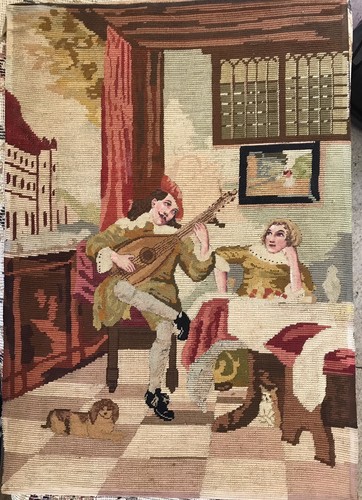 ANTIKER HANDGEFERTIGTER GOBELIN NADELSPITZE 14”x20” Musikalisch Hund Frau Gentleman Zimmer - Bild 1 von 12