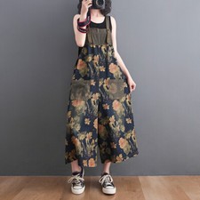 Women Floral Printed Denim Dungarees Jumpsuit Jeans Trousers Pants Overalls
