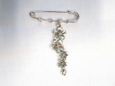 PLUMERIA FLORAL CASCADE on 2'' PIN BROOCH w 3 CRYSTALS & 4 FLOWER PENDANT DANGLE