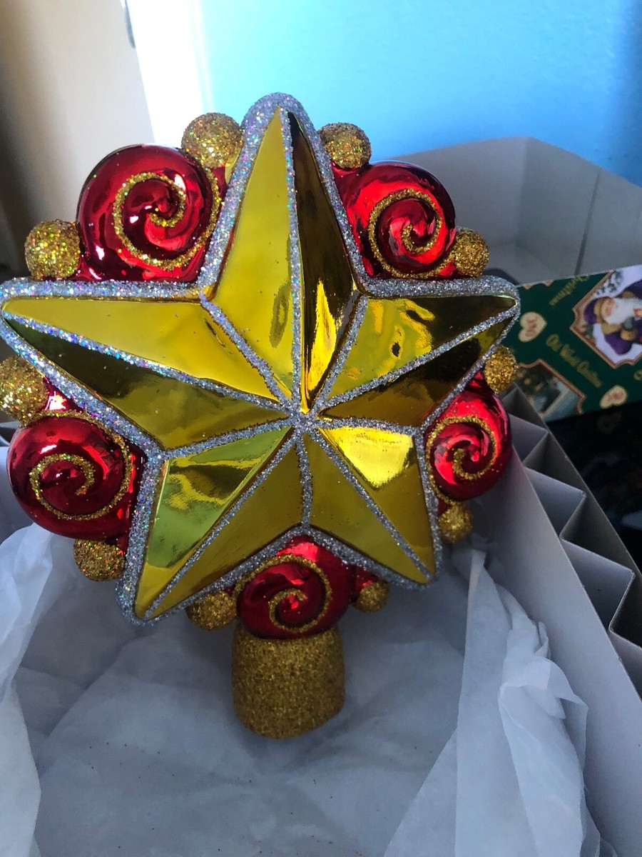 Old World Christmas Gold Swirly Star Glass Tree Topper Decoration 