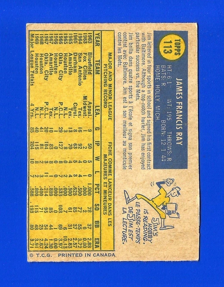 1970 OPC O-Pee-Chee BASEBALL #113 JIM RAY HOUSTON ASTROS (SB1) - Image 2 of 2