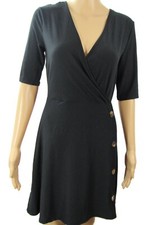 NEW Ultra Flirt Faux Wrap Dress RK57820 Sz M Black Short Sleeves Pullover Button