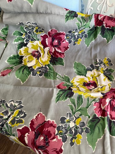 Vtg 1940's Berry Rose Yellow Floral Fabric Gray Background 3.6 Yards Linen Cottn - Picture 11 of 14