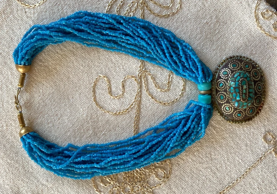 PERU 90er Jahre imposante Halskette Kette Amulett Perlen Handmade blau türkis - Bild 2 von 4