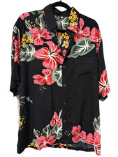 Vtg Hibiscus Collection Hawaii Shirt Mens L Black Floral Rayon Tropical Vacation