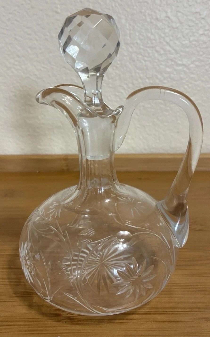 Vintage Cut Glass Cruet Oil Vinegar with Faceted Stopper Flower Design 6”