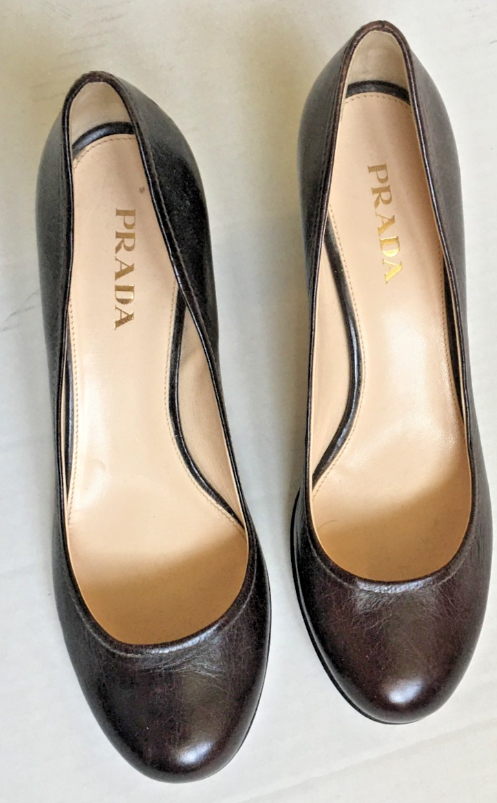 Prada Brown Leather Heels Pump Size 37 Luxury Designer Shoes-image