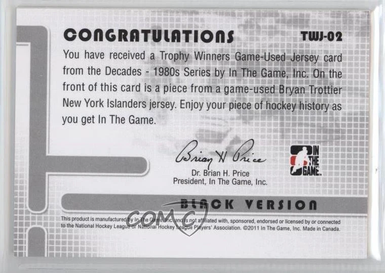 2010-11 ITG Decades 1980s Black Vault Teal 1/1 Bryan Trottier #TWJ-02 HOF 1r5 - Image 2 of 3