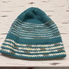Handmade Knit  Crochet Teal Blue-White Women's Slouch Beanie Lightweight Hat