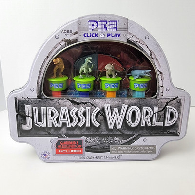 Jurassic World PEZ Click & Play Gift Tin - NEW Sealed - Gameboard & 4 Dinos