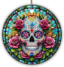 Sugar Skull Ceramic Christmas Ornament – Day of The Dead Holiday Tree Decorati