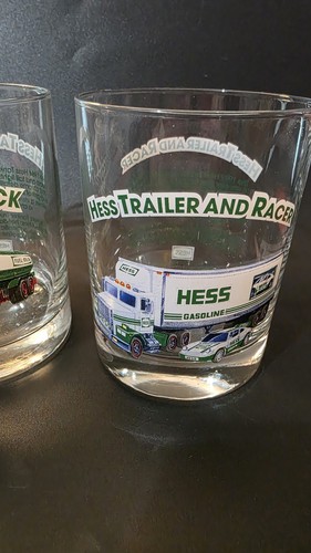 1996 Hess Toy Truck Glasses Tumblers Set of 2 Tanker Trailer and Racer