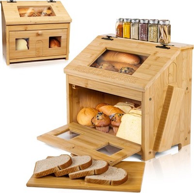 Bread Box for Kitchen Countertop   Large Wooden Bamboo Bread Box with Cutting