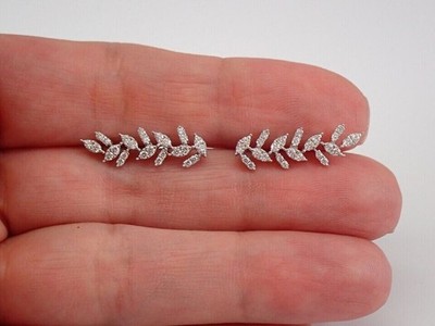 Leaf Shape Climber Stud Earring Round Simulated Diamond In 14k White Gold Plated