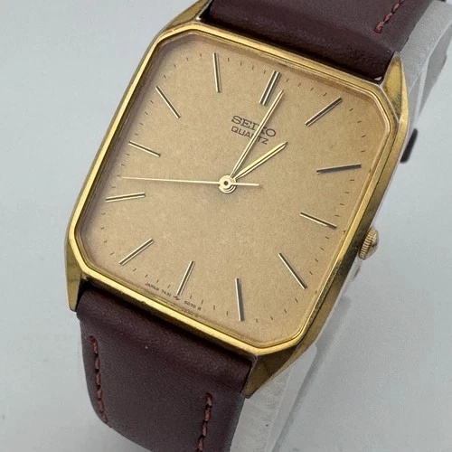 Vintage Seiko Quartz Watch 7431-5049 Men Gold Tone Rectangle Leather New Battery