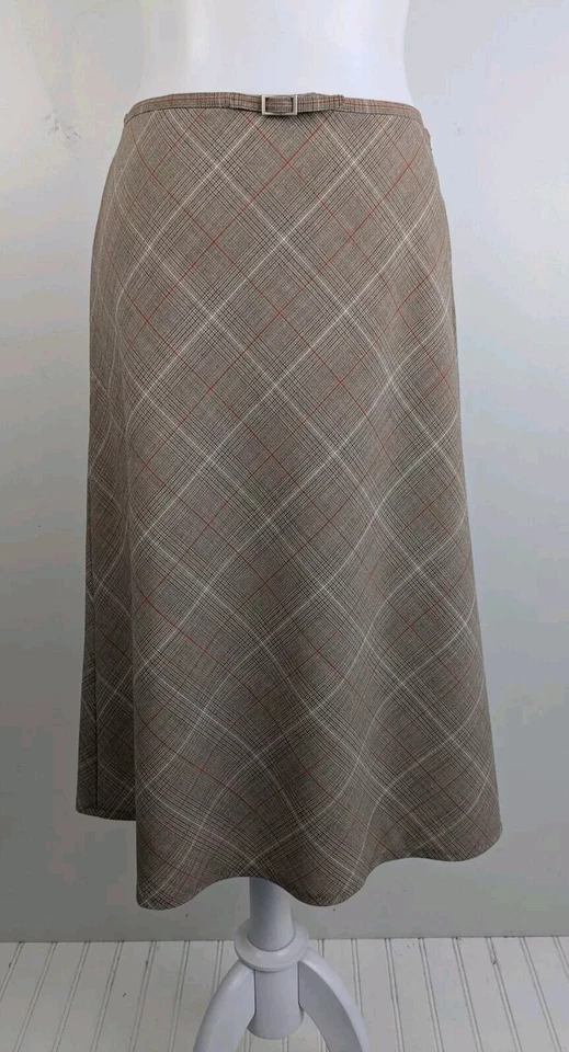 Y2K Limited Stretch A-line Skirt Tan Herringbone Plaid Modest Tailored Old Money - Image 2 of 4