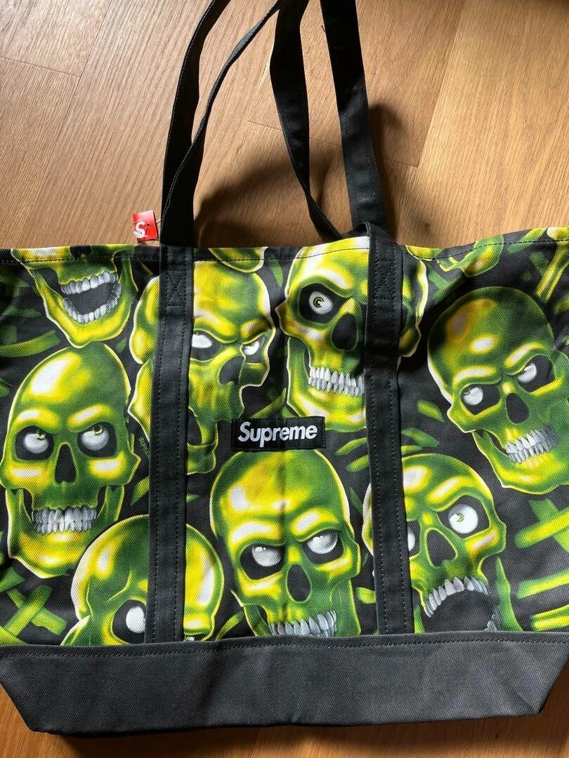 Supreme 18SS Skull Pile denim Tote Bag Cotton Black/Green New Japan