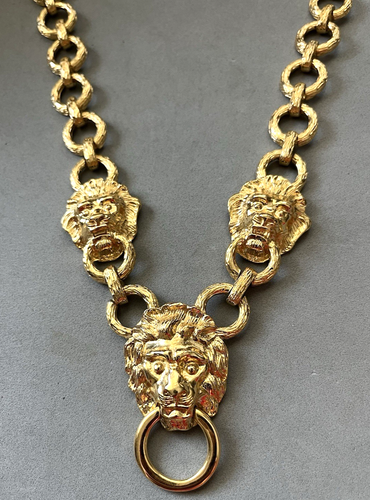 KJL Kenneth Jay Lane Triple Lion Door Knocker Ring Chunky Gold Tone Necklace 20" - Picture 2 of 6