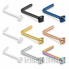9PCS Surgical Steel CZ Nose Studs Rings L Shaped Piercing Clear Retainers 20G