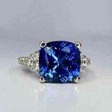 Cushion Cut Simulated Blue Sapphire Women's Gorgeous Ring 14K White Gold Plated
