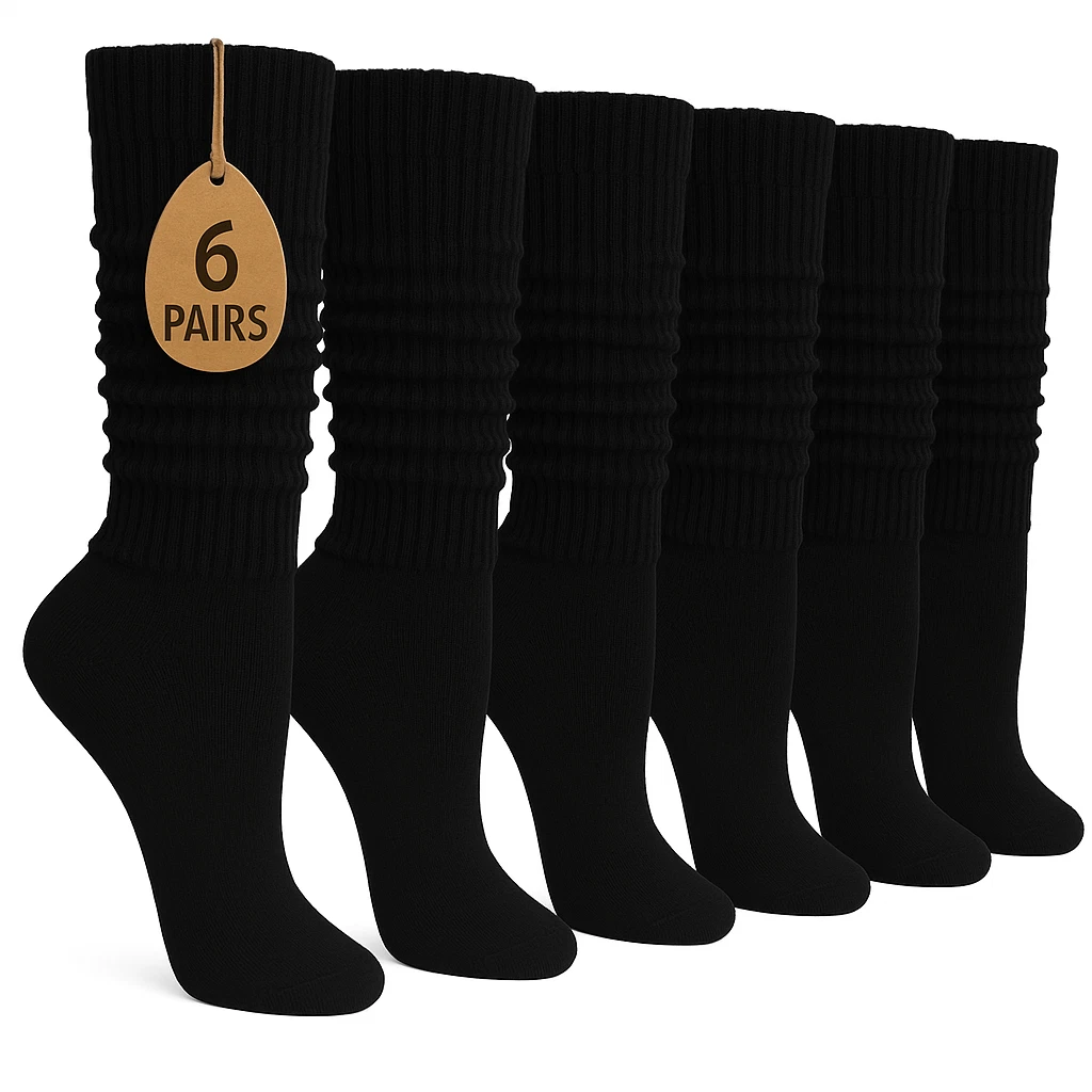 Black Women’s Cotton Slouch Socks Extra Long Scrunch Socks 6 Pairs