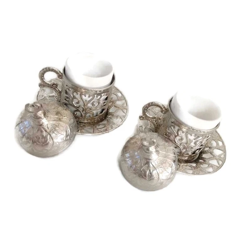 Traditional Handmade Copper Porcelain Turkish Ottoman Coffee Serving Set 2 Pcs - Image 2 of 4