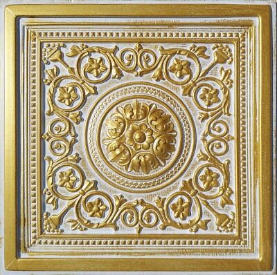 Grid System, Pop In, 24'' x 24'', 3D, PVC Ceiling Tiles MAJESTY Antique GOLD White