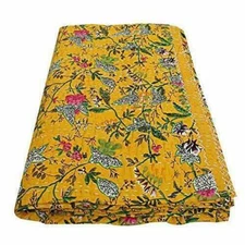 Reversible Floral Kantha Quilt Multicoloured Queen Blanket Bohemian Bed Runner