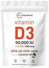 Micro Ingredients Vitamin D3 50,000 IU + K2 200mcg 240 Softgels Bone Health